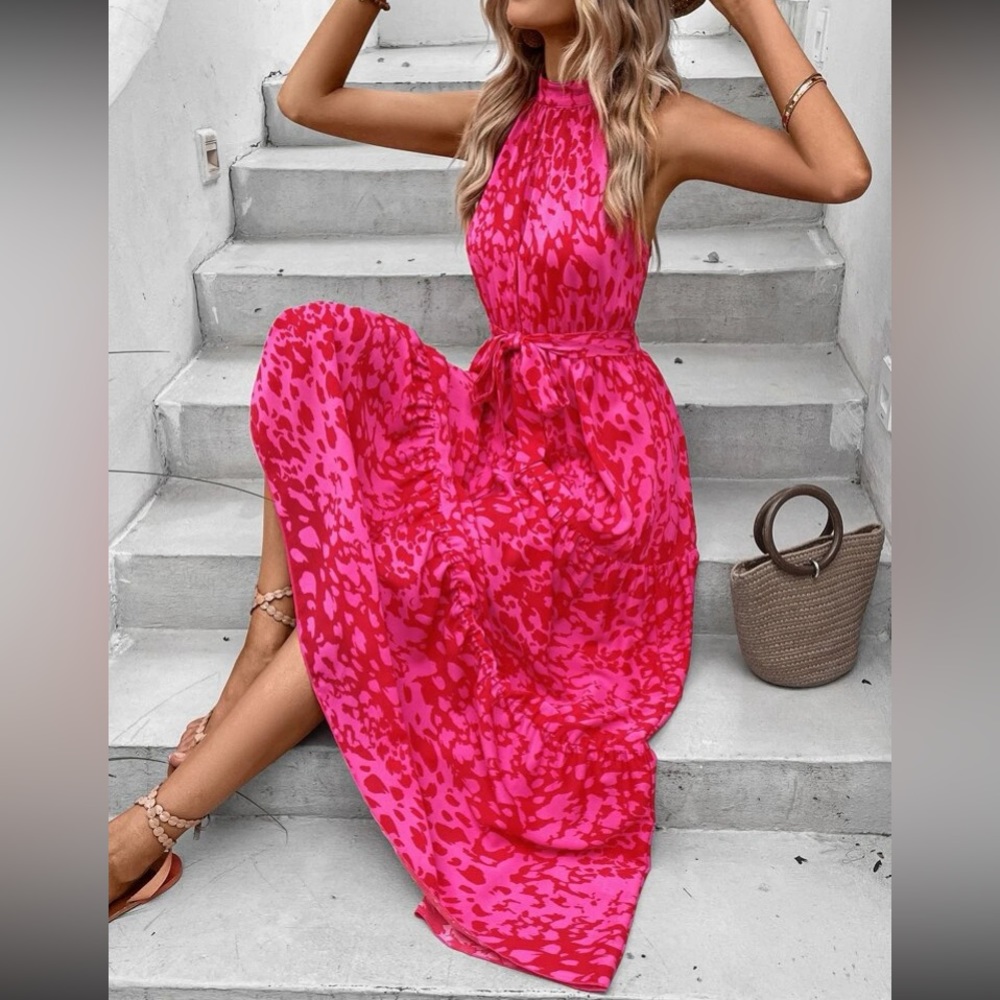 Boho pink floral print halter maxi dress